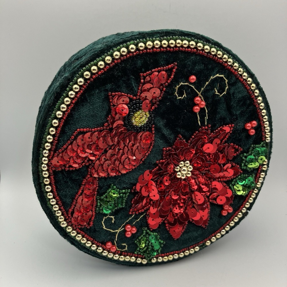 Vintage Green Velvet Trinket Box Cardinal Poinsettia / Beads & Sequins  / Flaw